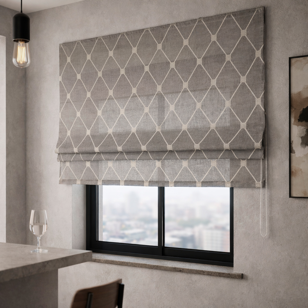 Римская штора Geometrics Tulle  из серого льняного тюля с ромбами