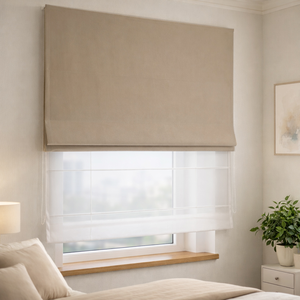 Двойная римская штора Blackout Velvet из бежевого бархата с тюлем