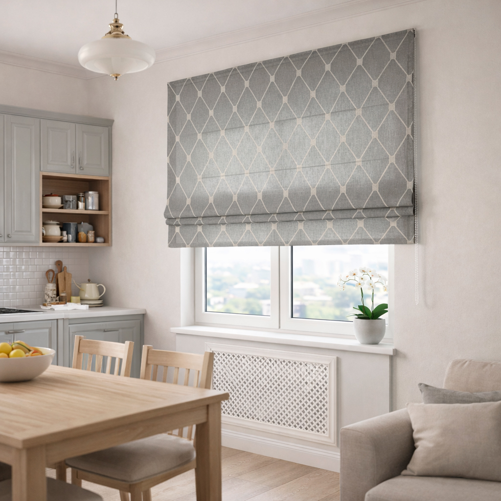 Римская штора Geometrics Tulle  из серого льняного тюля с ромбами