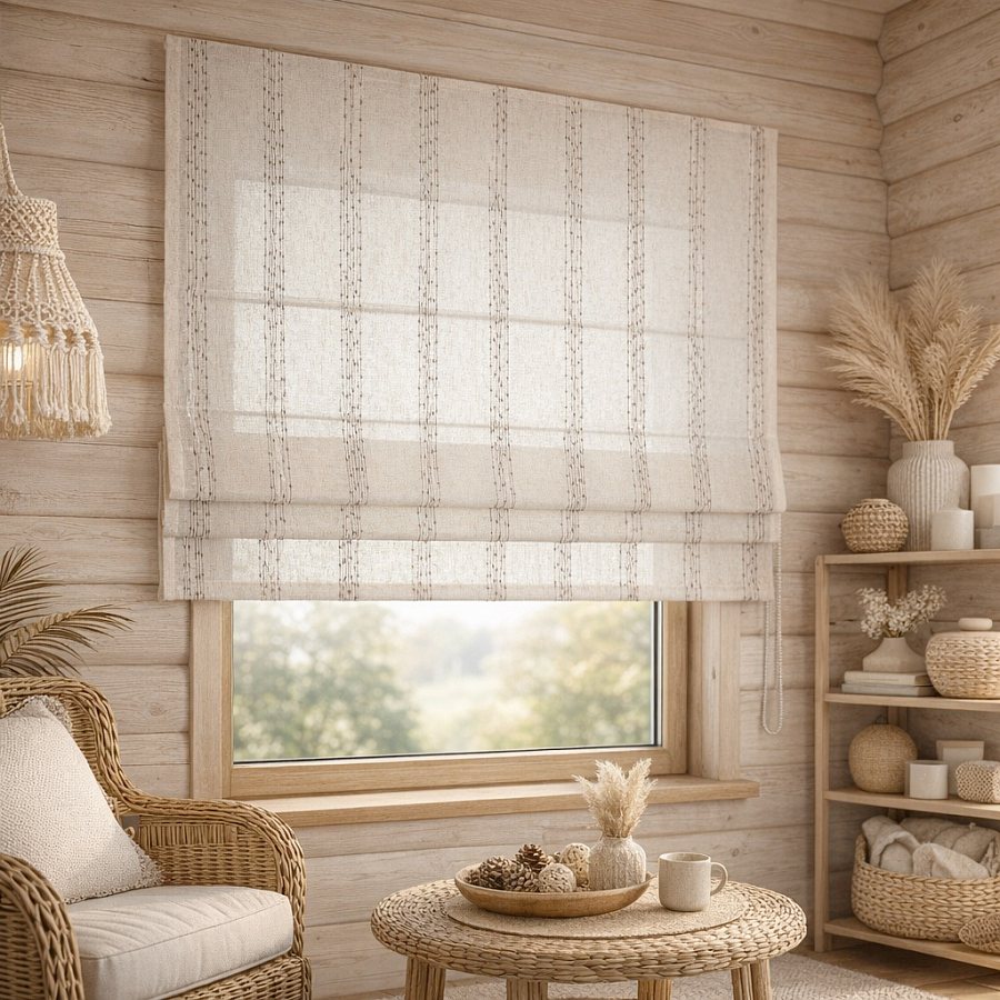картинка Римская штора из бежевого прозрачного тюля Scandi light от магазина Topcurtains