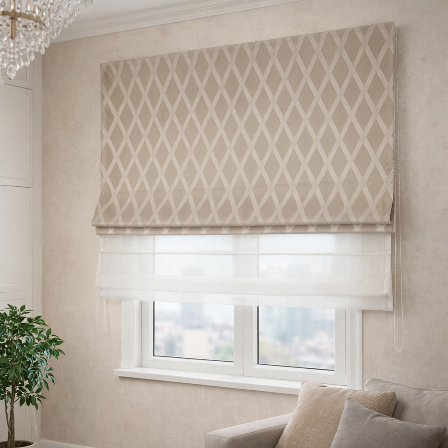 картинка Римская штора день и ночь Crystal Glow бежевая с ромбами от магазина Topcurtains