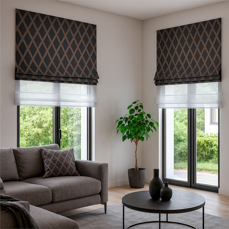 картинка Двойная римская штора Crystal Glow серая с золотистыми ромбами от магазина Topcurtains