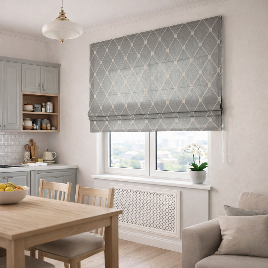 картинка Римская штора Geometrics Tulle  из серого льняного тюля с ромбами от магазина Topcurtains